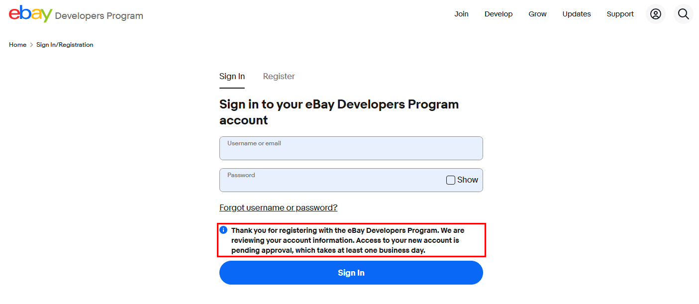 eBay Developers 가입 승인 대기 안내
