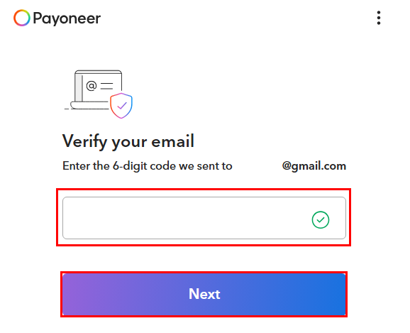 Payoneer 가입의 인증 코드 입력