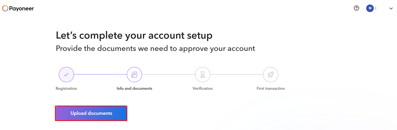 Payoneer의 서류 제출 시작